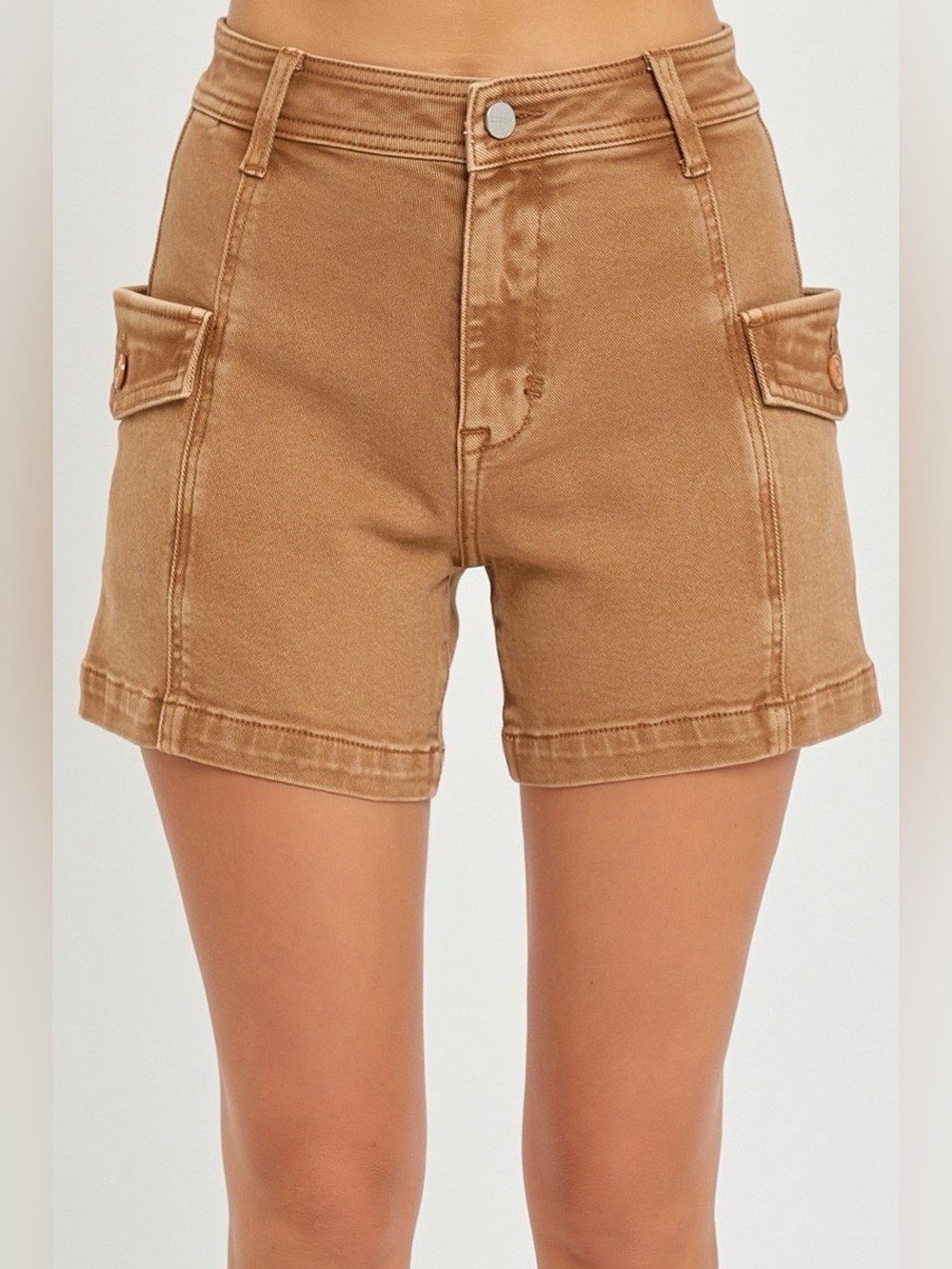 High-Rise Tan Cargo Shorts with Flap Pockets